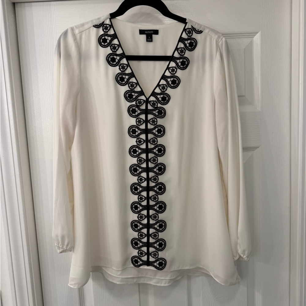 Alfani Ivory Blouse with Black Embroidery